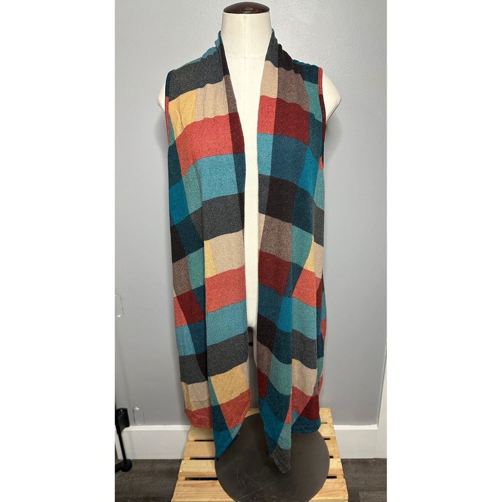 Heimish USA Multi Color Plaid Open Front Longline Sleeveless Cardigan Vest